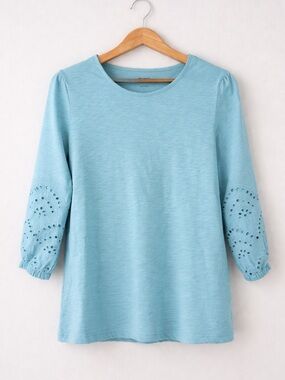 Blair Womens Aqua Blue Eyelet Sleeve Top Size S 3/4 Sleeve Casual Knit Blouse